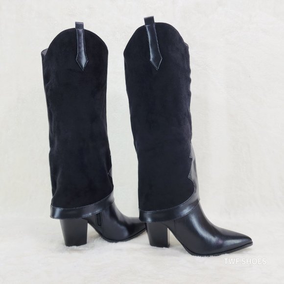 Branded Black Skirted Fold Over Western Knee High Cowgirl Boots - Picture 5 of 8